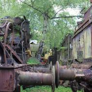 einige der ausgestellten Loks der Baureihe 44 - einer Loks fast der komplette Kessel, andere schon sehr stark mit Moos bewachsen-
 Dampflokmuseum Hermeskeil (09.08.2017)